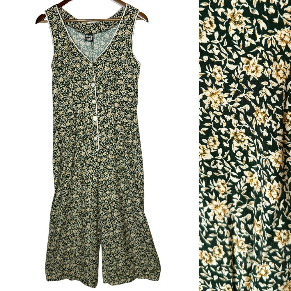 Vintage Knapp Studio Floral Sleeveless Wide Leg Crop Jumpsuit Green Medium‎